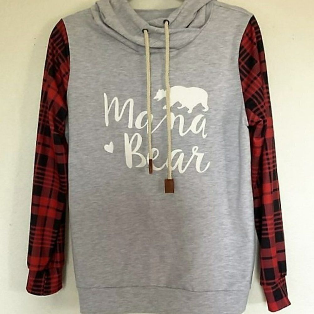 Mama Bear Buffalo Plaid Sleeve Pullover Hoodie Gray L - Picture 3 of 10